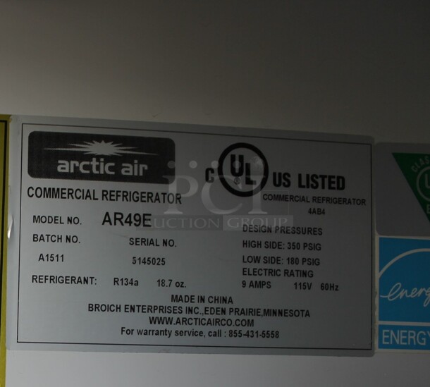 Arctic Air AR49E ENERGY STAR Stainless Steel Commercial 2 Door Reach In Cooler  w/ Poly Coated Racks. 115 Volts, 1 Phase. Tested and Does Not Power On - Image 7 of 10