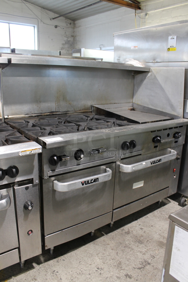 LATE MODEL! Vulcan 60SC-6B24GN Stainless Steel Commercial Natural Gas Powered 6 Burner Range w/ Right Side Flat Top Griddle, Convection Oven, Oven, Over Shelf and Back Splash. - Image 1 of 12