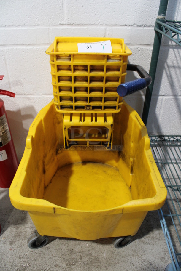 Yellow Poly Mop Bucket w/ Wringing Attachment on Commercial Casters. 16x22x25