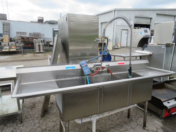 One Stainless Steel 3 Compartment Sink With R/L Drain Boards And Faucet And Hose Sprayer. Sink 18X18X14. 90X23X42.5