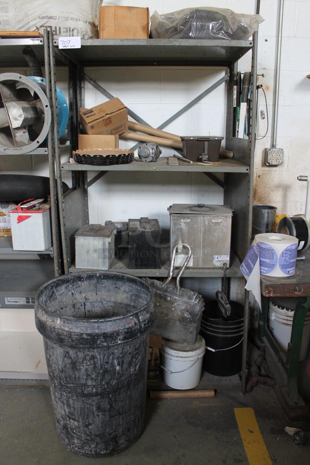 Gray Metal 4 Tier Shelving Unit w/ Contents Including Metal Powered Unit. BUYER MUST REMOVE. - Image 1 of 7