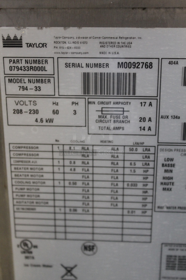 Taylor 794-33 Stainless Steel Commercial Floor Style Water Cooled 2 Flavor w/ Twist Soft Serve Ice Cream Machine on Commercial Casters. 208-230 Volts, 3 Phase. - Image 7 of 7