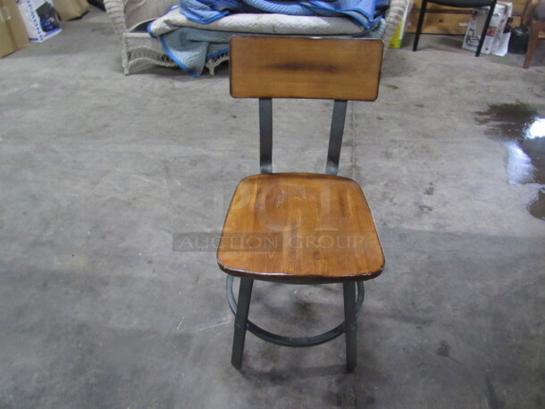 One Industrial Look Metal Framed Chair With Wooden Seat And Back With Metal Footrest.  - Image 2 of 4