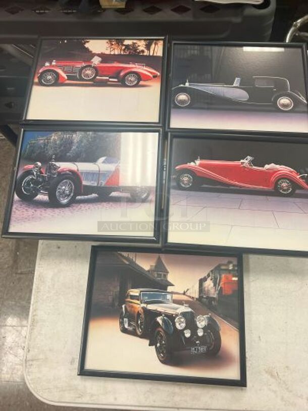 5 Framed Pictures of Cars; 1935 Mercedes Benz 500K Special Roadster, 1924 Hispano-Suiza H6C Tulipwood, 1929 Bentley Speed Six Coupe, 1931 Bugatti Type 41, 1929 Mercedes Benz SSKL. 5 Times Your Bid!