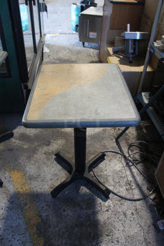 14 Gray Green / Tan Dining Height Tables on Black Metal Table Base. 14 Times Your Bid!