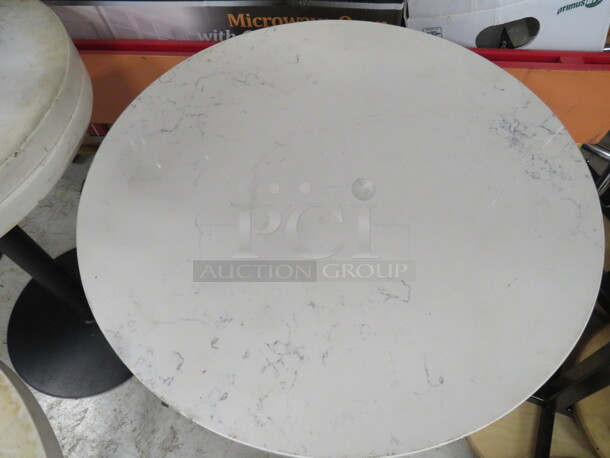 One Round White/Gray Marble Table Top On A Black Pedestal Base. VERY HEAVY. 20X28 - Image 2 of 2