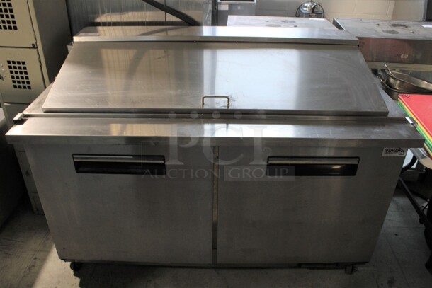 Yukon Model YSSU-60-24M-HC Stainless Steel Commercial Sandwich Salad Prep Table Bain Marie Mega Top on Commercial Casters. 115 Volts, 1 Phase. 61x32x44. Tested and Powers On But Does Not Get Cold