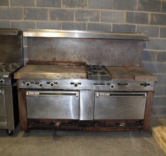 WOW! Garland 2 Burner Natural Gas Range With Griddle, 2 Full Size Ovens, Backsplash And Salamander Shelf. 75x31x59. Working When Pulled!