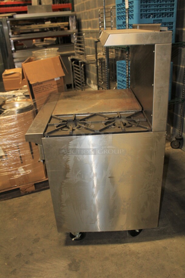 TERRIFIC! Garland 2 Burner Natural Gas Range With Full Size Oven, Griddle, Backsplash And Salamander Shelf On Casters! 36x34x59. Working When Pulled!  - Image 5 of 8