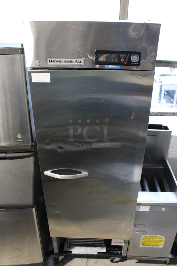 Beverage Air Model KF24-1AS Stainless Steel Commercial Single Door Reach In Freezer w/ Poly Coated Racks on Commercial Casters. 115 Volts, 1 Phase. 27x32x82.5. Tested and Does Not Power On