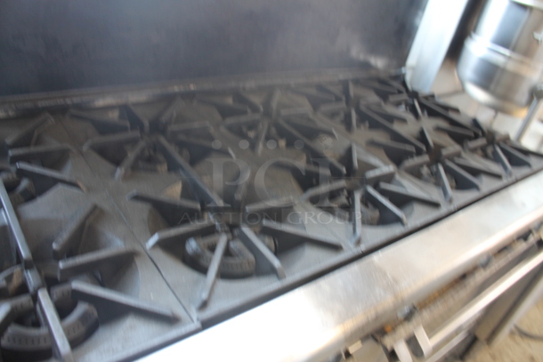 Imperial Stainless Steel Commercial Natural Gas Powered 10 Burner Range w/ 2 Ovens, Over Shelf and Back Splash on Commercial Casters. - Image 3 of 12