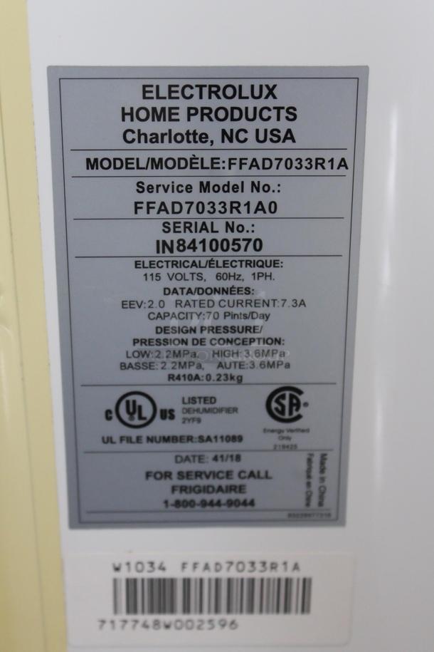 BRAND NEW SCRATCH AND DENT! Frigidaire FFAD7033R1A 70 Pint Capacity Dehumidifier. 115 Volts, 1 Phase. Tested and Working! - Image 4 of 5