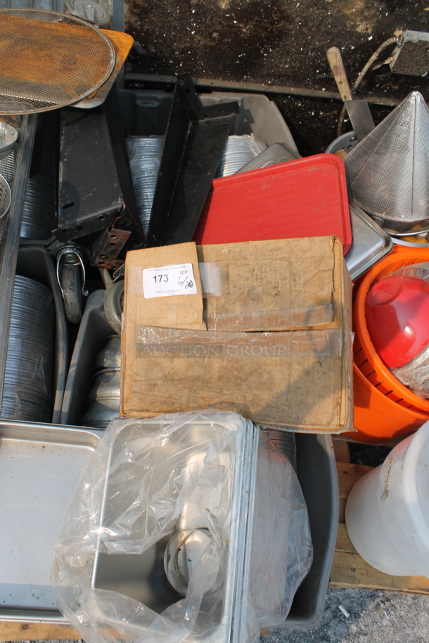 ALL ONE MONEY! Lot of Steamer Basket, Steel Drop In Bins, Colander, Plastic Lids, Wood Pallet AND MORE!  - Image 3 of 6