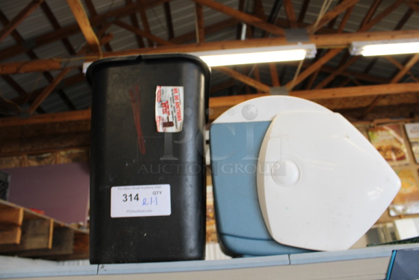 ALL ONE MONEY! Lot of Black Poly Trash Can and Blue / White Poly Portable Cooler. 9x14x15, 14x11x13