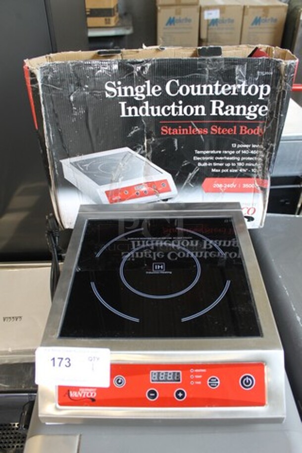 BRAND NEW IN BOX! Avantco 177IC3500 Stainless Steel Commercial Countertop Electric Powered Single Burner Induction Range. 208/240 Volts, 1 Phase. Tested and Working!