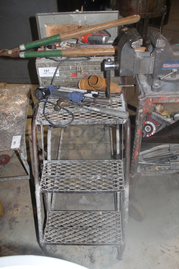 Gray Metal Double Sided 3 Step Ladder w/ Contents. - Image 1 of 5
