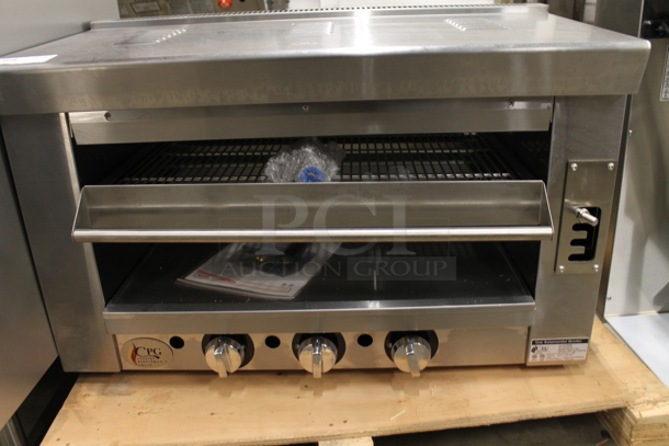 BRAND NEW SCRATCH AND DENT! Cooking Performance Group CPG 351S36SBN Stainless Steel Commercial Natural Gas Powered Salamander Broiler Cheese Melter. 36,000 BTU. Tested and Working! - Image 2 of 4