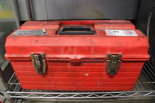 Metal Wrenches and Sockts in Red Poly Toolbox. 19x10x9.5