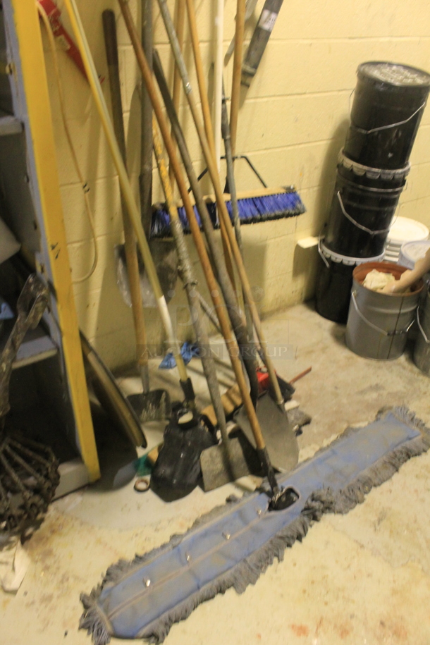 ALL ONE MONEY! Lot of Wall Mount Broom Holder w/ Contents Including Wide Mop and Push Broom. BUYER MUST REMOVE. - Image 2 of 3