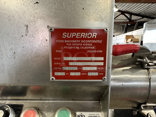 Superior HDMF62 Stainless Steel Commercial Floor Style Horizontal Tortilla Masa Extruder Feeder on Commercial Casters. 208 Volts, 3 Phase. - Image 4 of 8