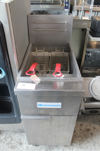 Standard Range SR-F4-LP Stainless Steel Commercial Floor Style Propane Gas Powered Deep Fat Fryer w/ 2 Metal Fry Baskets on Commercial Casters. 120,000 BTU.