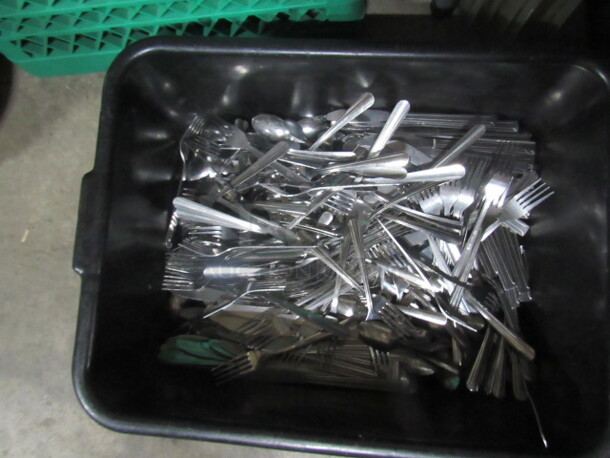 One Bussing Tub With Lid, Full Of Assorted Flatware.