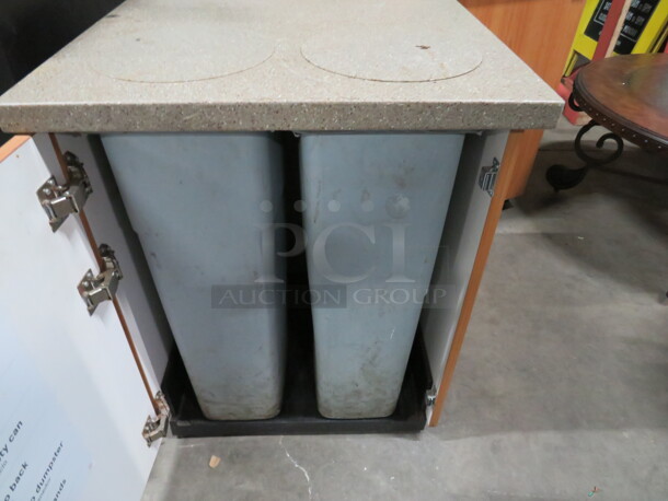 One Brown Laminate 1 Door Trash Receptacle  With Granite Look Top, On Casters, And 2 Slim Jim Trash Cans.  - Image 2 of 3