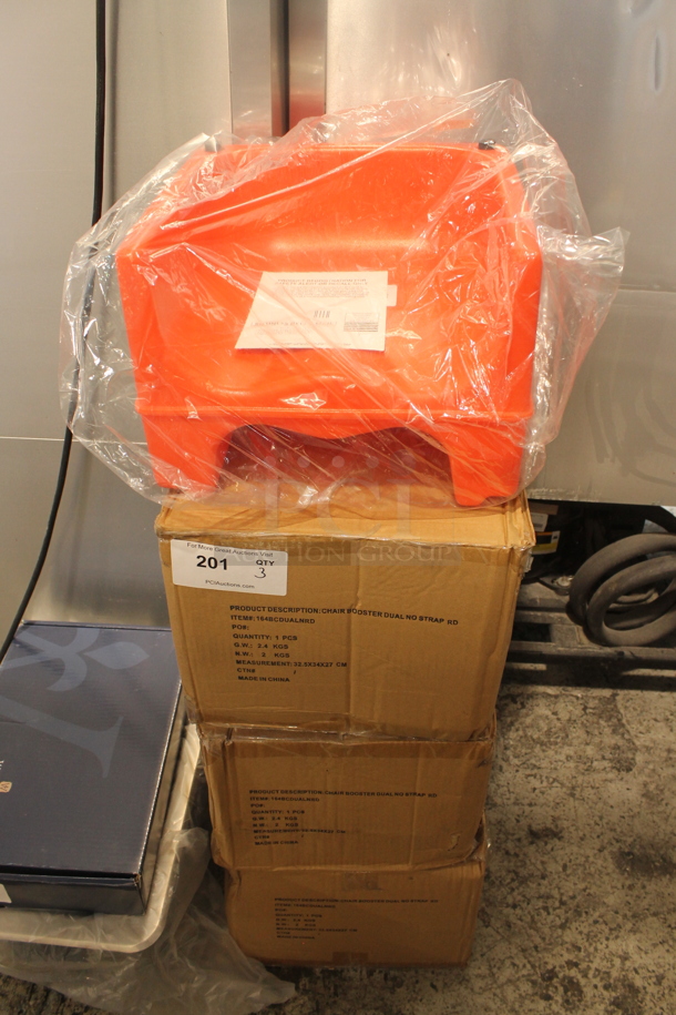 3 BRAND NEW IN BOX! Lancaster Table & Seating 164BCDUALNRD Orange Poly Booster Seats. 3 Times Your Bid! - Image 1 of 3