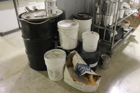 ALL ONE MONEY! Lot of Various Items Including Poly Buckets and Metal Barrel. BUYER MUST REMOVE.