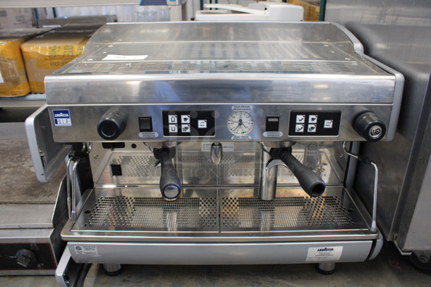 LavAzza Stainless Steel Commercial Countertop 2 Group Espresso Machine w/ 2 Portafilters and 2 Steam Wands. 250 Volts. 28x22x22
