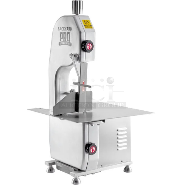 BRAND NEW SCRATCH & DENT! Backyard Pro BSSW65AL Butcher Series 65" Blade Countertop Vertical Band Meat Saw - 120V, 1 hp. Back Leg Is Missing.  - Image 1 of 7