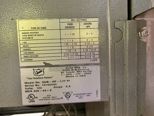 AMAZING! Duke Single Hole Warmer Line Unit With Sneeze Guard. Model# SUB-HF-L25M and Serial# 10102040. Power is 120/60/1 and 46 amps. 

Tested. In Perfect Working Order.  - Image 9 of 10