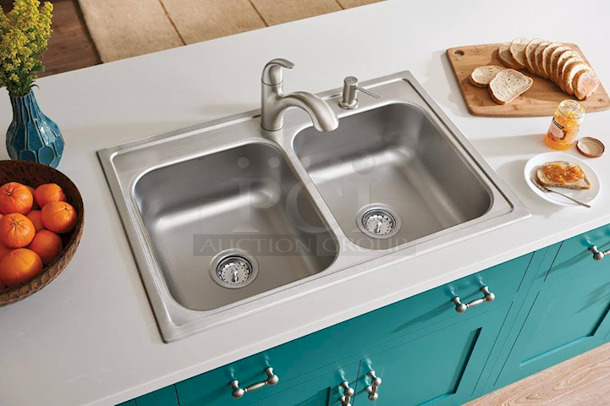 SPLENDIFEROUS!! Moen Galvin Drop-In 22-in x 33-in Stainless Steel Double Equal Bowl 2-Hole Kitchen Sink All-in-one Kit.  - Image 2 of 7