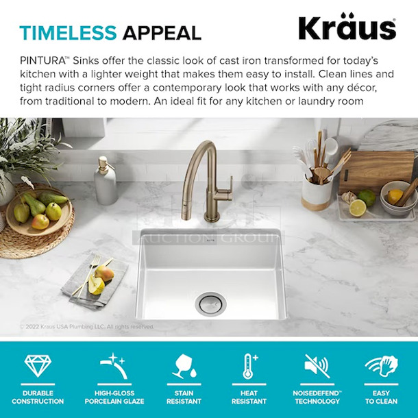 KRAUS Pintura 21" Porcelain Enameled Steel
Undermount Single Bow Kitchen Sink in Gloss White. 21-1/4 inch L x 17-3/8 inch W x 7-3/4 inch D  - Image 4 of 5