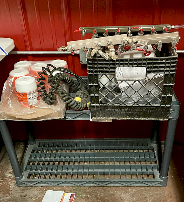 LOADED! Plastic Shelf Utility Shelf With (6) Containers of Knox Gelatine, Keg Valve Setups, Extension Cord and Hoses - Image 1 of 5