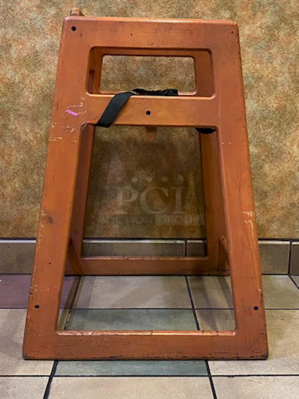BEAUTIFUL! Tomlinson The Marston C-30 High Chair.
 Depth: 19" (483 mm), Height: 29" (737 mm), Width: 18" (457 mm) Height to seat: 21" (533 mm), Height to arm: 26-3/4" (679 mm)
Solid 3/4" oak high chairs with mortise and tenon frame construction and large contoured seat. Instant-release safety straps with crotch strap. Radius edges keep food from collecting. High chairs easily stack and store. - Image 2 of 4
