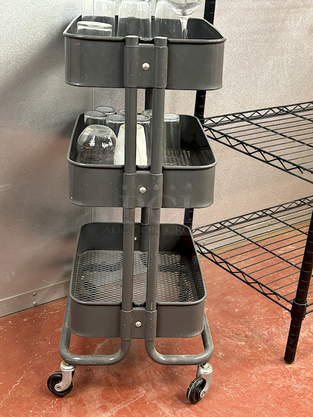 NICE!! 3 Shelf Rolling Cart Perfect For Glass Transport. Includes Glasses. - Image 2 of 7