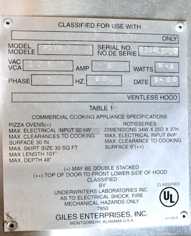 AMAZING! Giles PO-VH 60 7/16" Type 1 Ventless Hood for Electric Ovens w/ 3 Stage Filtration, 208-240v/1ph. Skirt Not Included. Observed In Working Order. 
48x24-1/2x29-1/2.

.  - Image 5 of 7