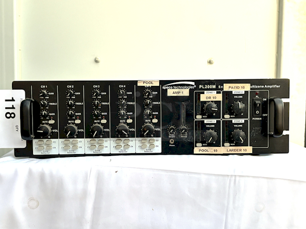 OUTSTANDING! Speco Technologies PL200M Commercial Amplifier (160W) In Perfect Working Order!! KEY FEATURES: Playback 5 Sources to 4 Zones; Each Channel Offers Volume & Mute; Speaker Output: 40W RMS per Zone; Telephone Paging & Monitor Output; 19" Rackmount Design: 3 RU; Each Channel Offers Gain, Treble & Bass; Compatible with 4-/8-Ohm Speakers; Microphone 1 Priority with VOX Mute - Image 1 of 7