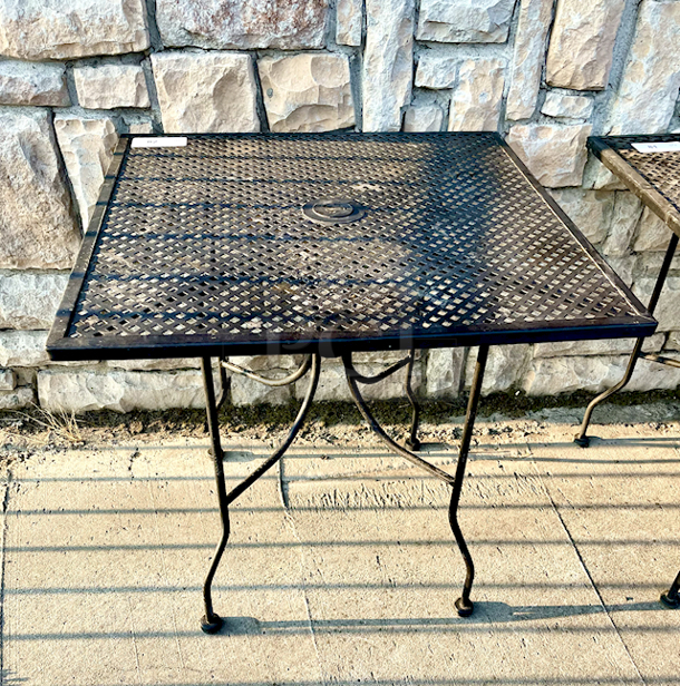 OUTSTANDING! Outdoor Patio Dinning Table With Umbrella Hole, Black, Metal, Seats 4.   - Image 1 of 4
