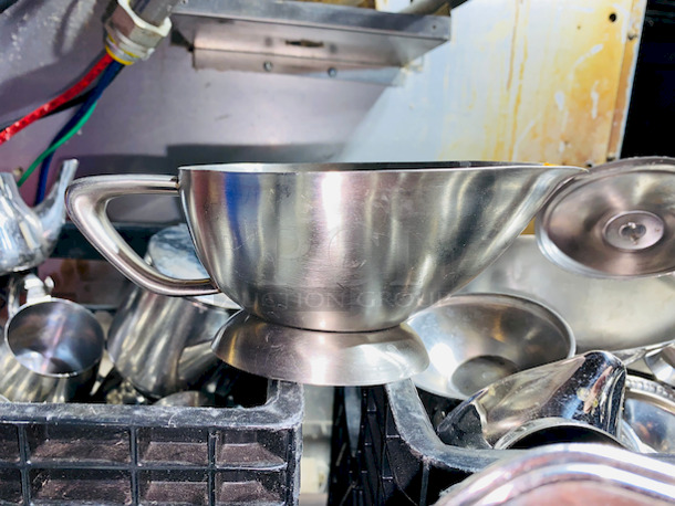 HUMONGOUS! Lot of Buffets/Catering Equipment. 
Includes (2) Crates of individual Frying Pans, (3) Containers of gravy boats, cream dispensers and etc, (1) container of Chefs Knives.  - Image 9 of 12