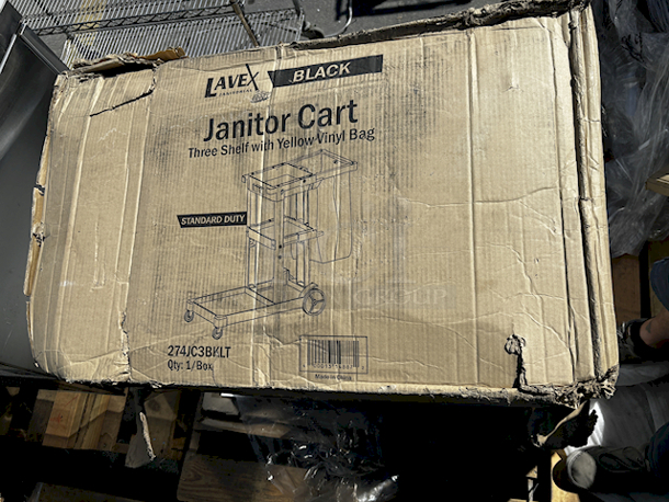 BRAND NEW SCRATCH & DENT! Lavex Black Cleaning Cart / Janitor Cart with 3 Shelves, Large Bottom Shelf, and Yellow Vinyl Bag. Box Is Damaged.  - Image 2 of 2