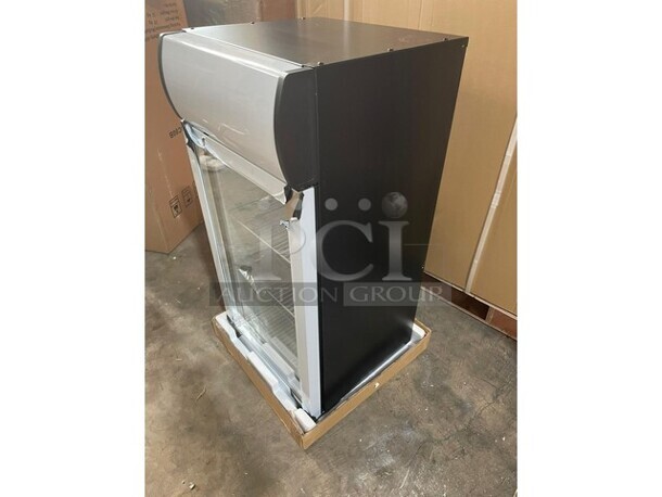 NEW In Box! Nordon Commercial Countertop Single Glass Door Mini Cooler/ Merchandiser! With Customizable Lamp Box! With Poly Coated Racks! 110/120V! Model: SC80B! - Image 4 of 8