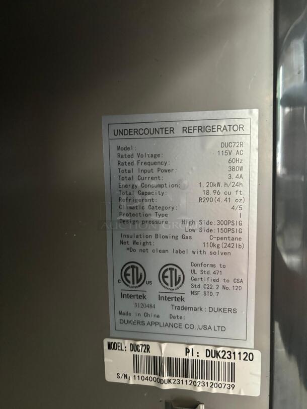 Brand New Scratch & Dent Dukers DUC72R 3-Door Undercounter Commercial Refridgerator in Stainless Steel
 - Image 4 of 6