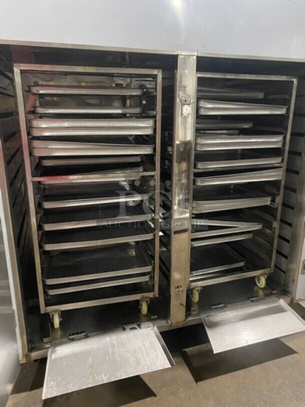 AMAZING! BRAND NEW! NEVER USED! Solid Stainless Steel Commercial 2 Door Roll In Rack Smoker Box! With Racks And Pans Included! - Image 4 of 10
