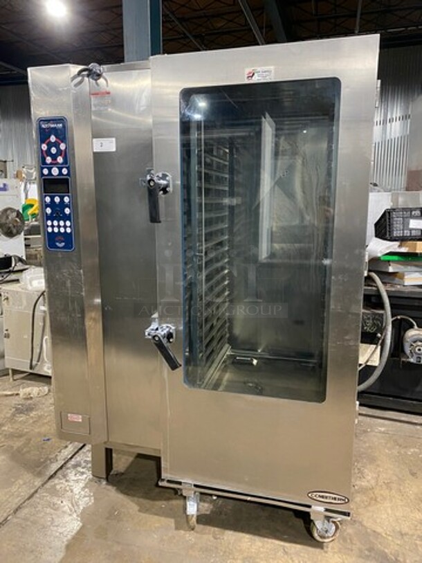 NICE! Alto Shaam Commercial Natural Gas Powered Combitherm Convection Oven/ Steamer! With Roll In Rack! With View Through Door! Stainless Steel! On Legs! Model: 20.20MLG SN: 5940923003
