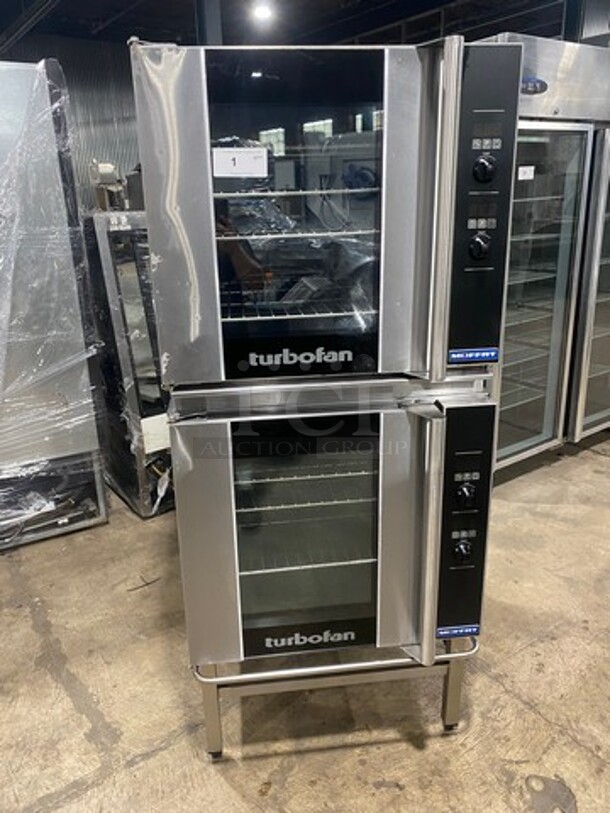 Turbo Fan Commercial Electric Powered Double Deck Convection Oven! With Metal Oven Racks! All Stainless Steel! On Legs! 2x Your Bid Makes One Unit! Model: E32D5 SN: 740087 208V - Image 1 of 11