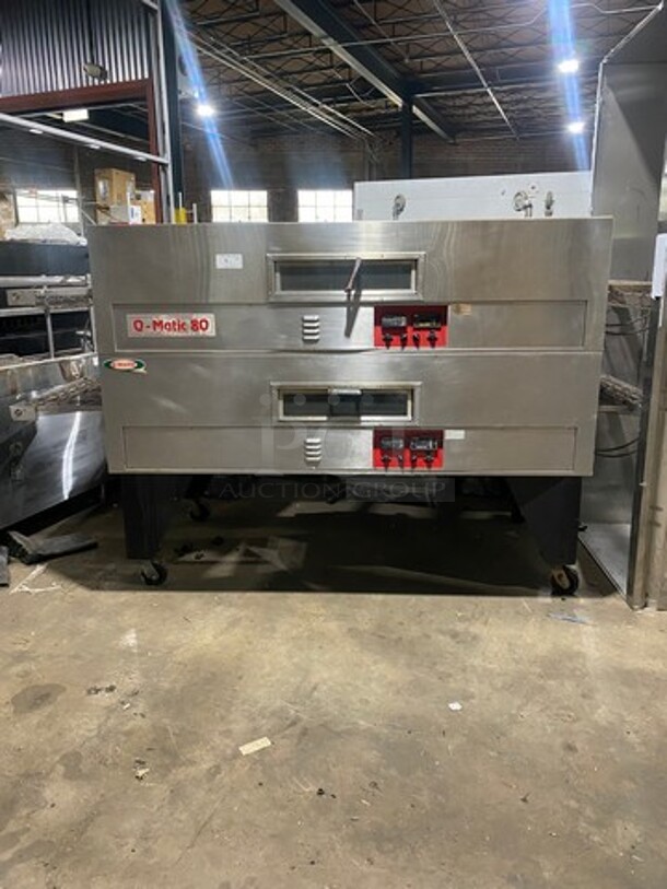 Q Matic Commercial Natural Gas Powered Double Deck Conveyor Pizza Oven! All Stainless Steel! On Casters! 2x Your Bid Makes One Unit! Model: Q80 SN: 200005481 - Image 1 of 10