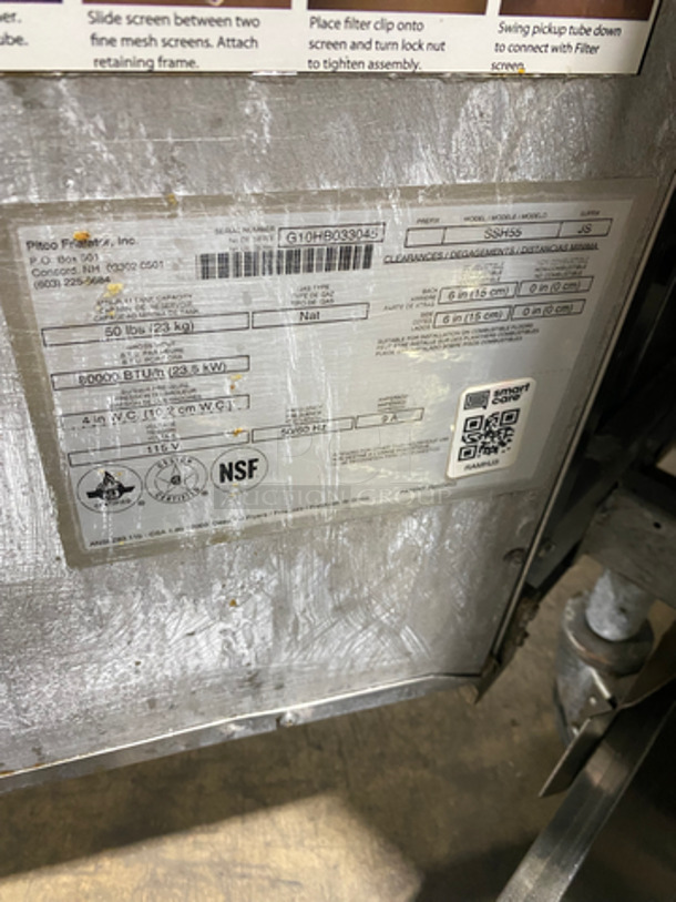Pitco Frialator Commercial Natural Gas Powered 2 Bay Deep Fat Fryer With Dump Station! With Oil Filter System! All Stainless Steel! On Casters! Model: SSH55 SN: G10HB033045 - Image 9 of 12
