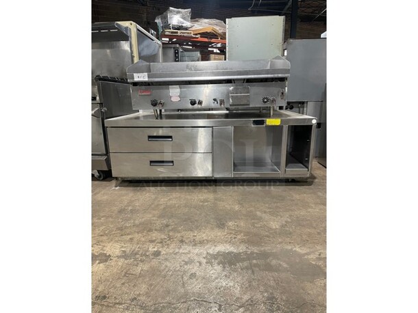 WOW! Lang Natural Gas Powered Heavy Duty Commercial Mirror Shine/Polished Top 48 Inch Thermostatic Controlled Flat Top Griddle! On Two Drawer 60 Inch Refrigerated Chef Base! On Casters! 2 X Your Bid! - Image 11 of 11